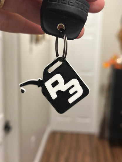 TWO R3 gas can key chains