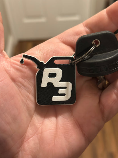 TWO R3 gas can key chains